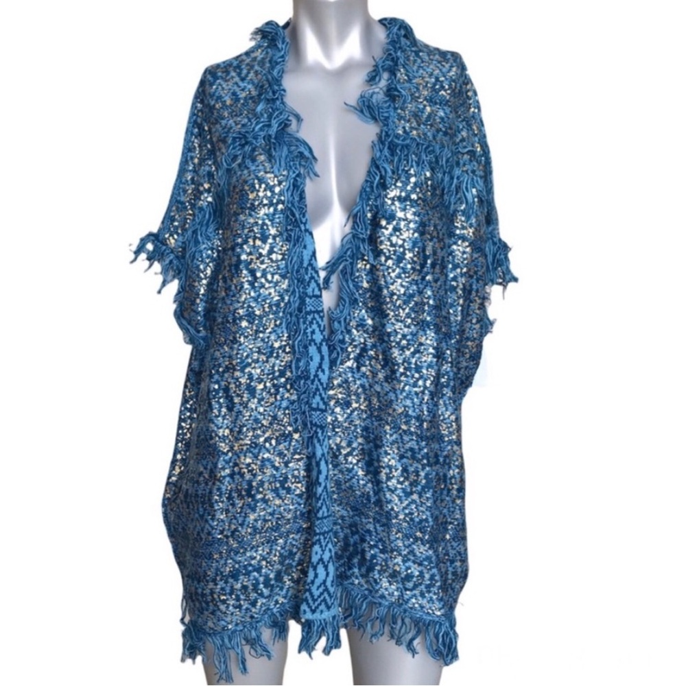 50% OFF 🤯 Womens Fringe Cardigan Sweater Blue Gold